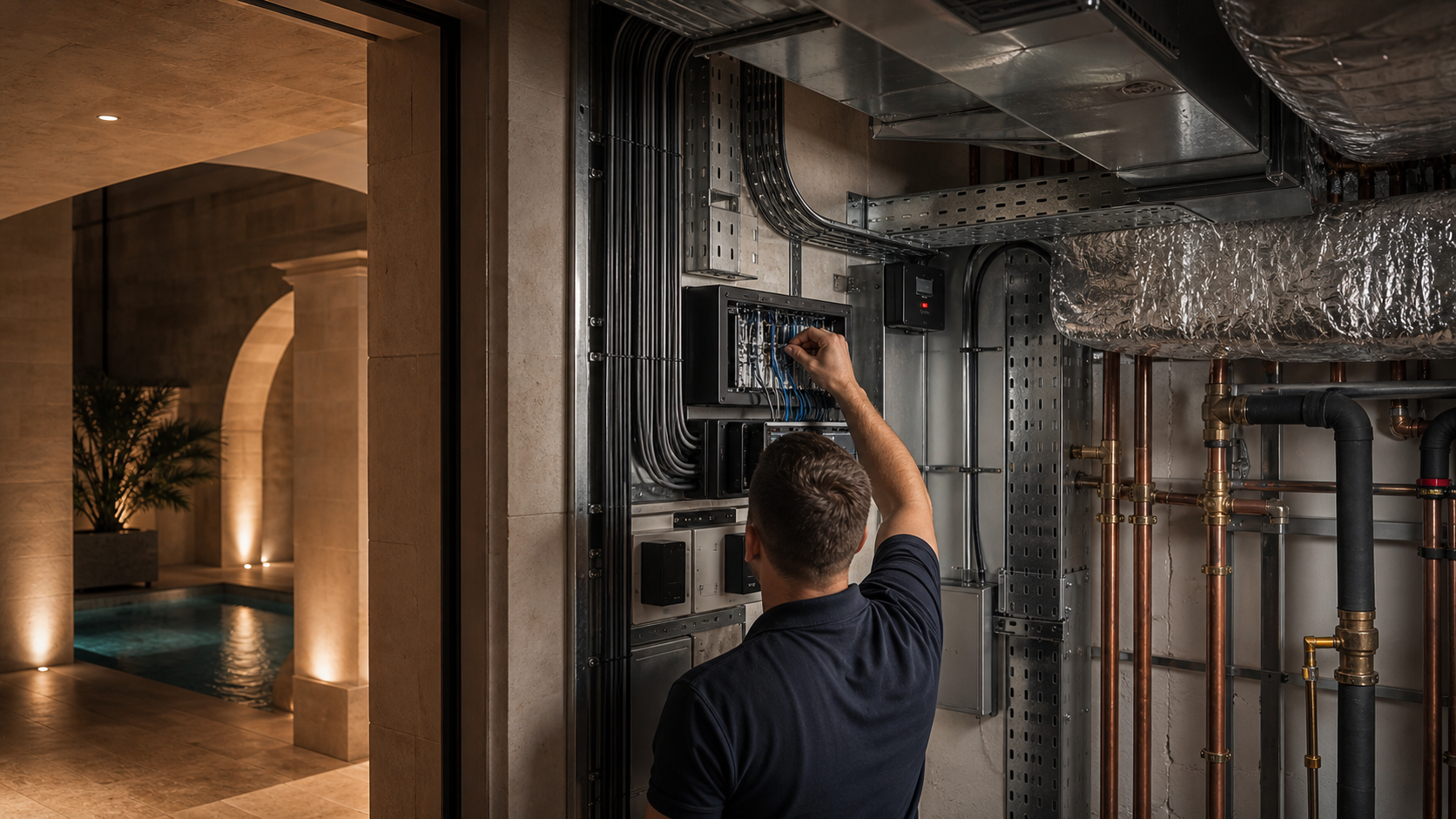 Electrical containment, pipework and ventilation systems sharing a coordinated route