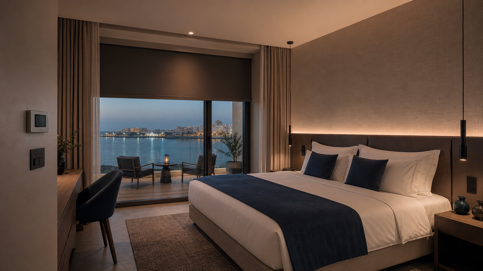 Mediterranean hotel room with discreet access to climate-control services