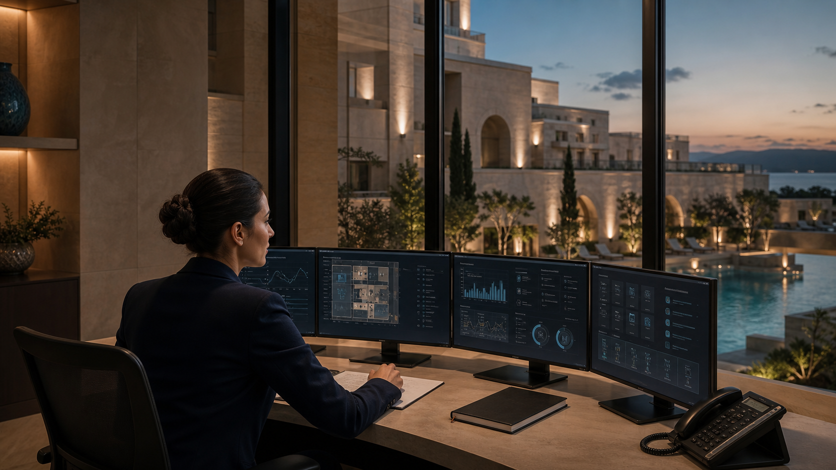 Professional viewing a building-control screen beside HVAC equipment
